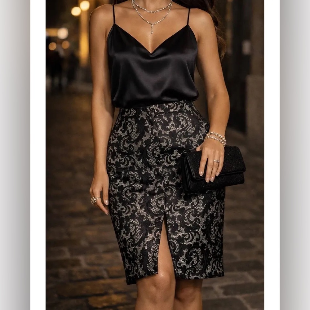 Worthington Black Lace-Overlay Pencil Skirt with Front Slit